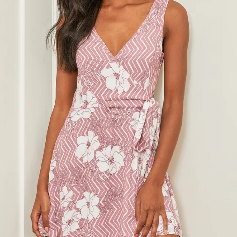 Mauve Floral Print Faux Wrap Skater Dress - Lulus